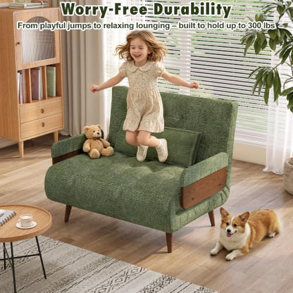 JASIWAY 37" Mid-Century Convertible Sofa Chair Bed Sleeper for Adult, Futon | Space Saving, Sturdy Green Chenille Convertable Guest Bed with Adjustable Backrest, Folding Sofa Chair with Walnut Armrest - color: Mid-century Green, size: 36.6" W Sleeper Chai