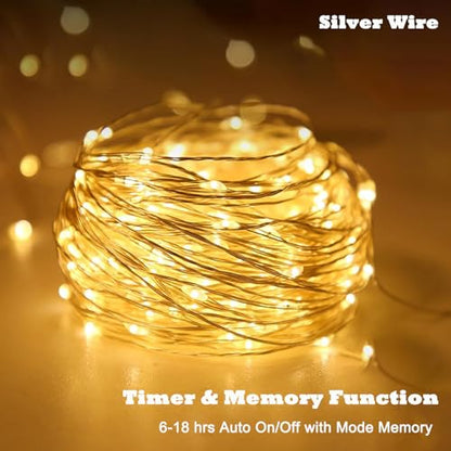 USB Fairy Lights, 2 Pack 33Ft 100 LED, Flexible Silver Wire Mini String Lights for Bedroom Wedding Christmas Decor, DIY Crafting, Warm White