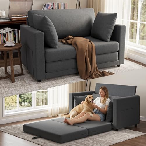 51" Loveseat Sleeper Sofa Bed, Folding Sofa Bed for Small Spaces, Egyptian Chenille Pull Out Couch Bed for Bedroom Lounge, Guest Room, Dark Gray - color: Dark Gray