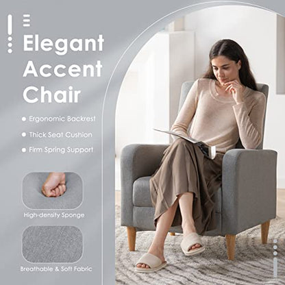 COLAMY Mid-Century Modern Accent Chair, Fabric Upholstered Living Room Chair with Back Pillow & Solid Wood Legs, Comfy Armchair for Living Room, Bedroom, Single Sofa, Grey - color: Grey, size: Set of 1