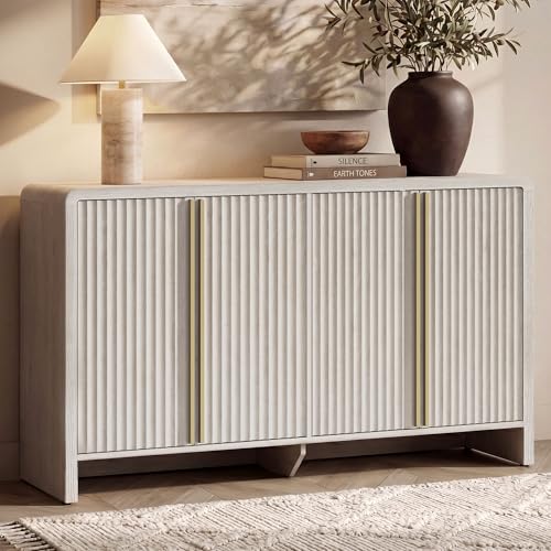 59" Fluted Sideboard Buffet Cabinet with Storage, White Alder | Modern Credenza Console with 4 Doors & Adjustable Shelves, Wood Coffee Bar for Kitchen, Living Room, Entryway