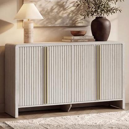 59" Fluted Sideboard Buffet Cabinet with Storage, White Alder | Modern Credenza Console with 4 Doors & Adjustable Shelves, Wood Coffee Bar for Kitchen, Living Room, Entryway