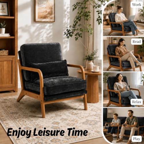 Karl home Mid-Century Modern Accent Reading Chair, Black | Chenille Upholstered, Solid Wood Frame, Soft Cushion, Lumbar Pillow, Lounge Armchair for Living Room, Bedroom, Balcony, Study - color: Chenille Black