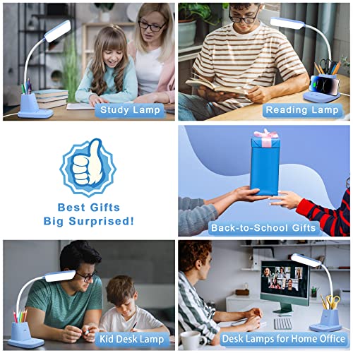 LED Desk Lamp with 10W Wireless Charging & Pen Holder, Blue | CRI 95, 800LM, Stepless Dimming, 3 Modes, 360°Flexible Arm, Touch, Study Table Lamp for Home Office, Dorm Room, with Adapter - color: Blue