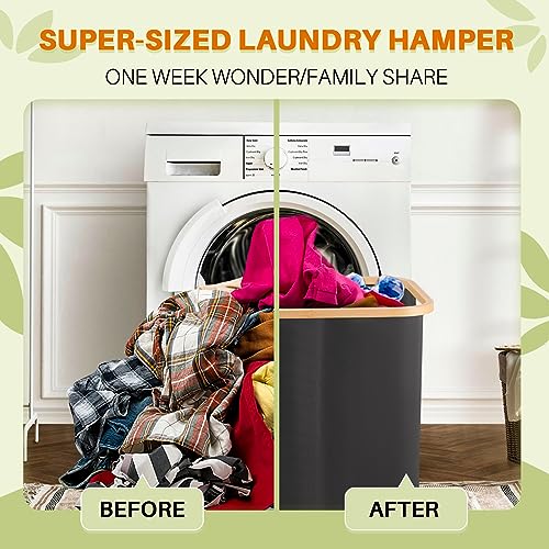 160L Laundry Hamper with Lid, 3 Section Laundry Basket with 3 Removable Bag | Clothes Hampers for Laundry with Bamboo Frame Handle, Large Dirty Clothes Hamper for Laundry Room, Bathroom, Bedroom, Grey - color: Dark Grey, size: 160L