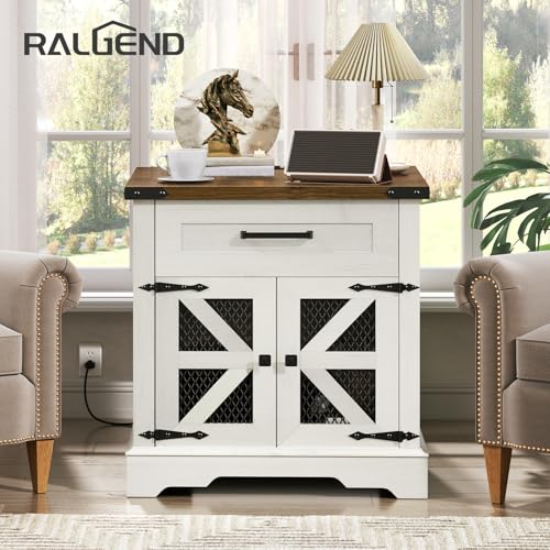 White Farmhouse End Table with Charging Station, 24" Large Sofa Side Table with Drawer, Large End Table for Living Room, Wooden Nightstand with Outlet, Square, White and Walnut - color: White and Walnut