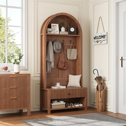 70.86-inch Entryway Hall Tree, Farmhouse-Style Wooden Coat Rack Freestanding, Entryway Organizer with Four Hooks, Standing Shoe Rack with Bench for Hallways, Foyers, and Living Rooms, Walnut - color: Walnut