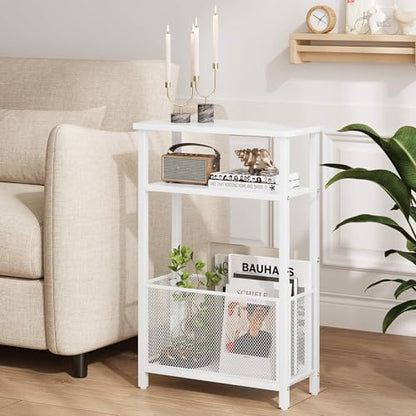 MMEOLUOOK Narrow Side Table with Storage Basket Skinny End Tables for Smalls Spaces 3 Tier Sofa Table Small Nightstand Slim Bedside Table for Living Room Bedroom White MLBZ22W - color: White