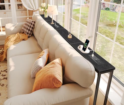 SUPERJARE 86.6 inch Narrow Console Table with Outlet, Sofa Tables, Behind Couch Table, Long Entryway Tables with Charging Station, for Living Room, Black - color: Black, size: 5.9''D x 86.6''W x 29.7''H