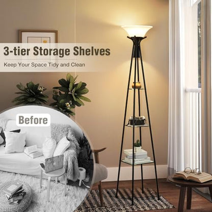 Luvkczc Torchiere Floor Lamp with Shelves, Black, 69" Tall | 3-Tier Glass Shelf, Plastic Shade, Adjustable Color Temperatures, Bulb Included - color: Black