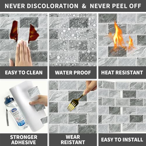 URCOLOR 10-Sheet Stick on Backsplash for Kitchen,12"x12" Peel and Stick Self Adhesive Wall Tiles Back Splashes for Bathroom Light Gray Marble Look - color: Light Gray