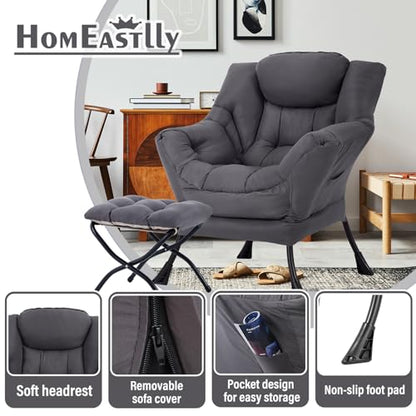 Lazy Chair with Ottoman, Soft Comfy Chair for Bedroom, Grey | Reading Accent Lounge Chair with folding Foot Stool for Living Room Dorm Apartment, sturdy metal frame - color: Dark Grey