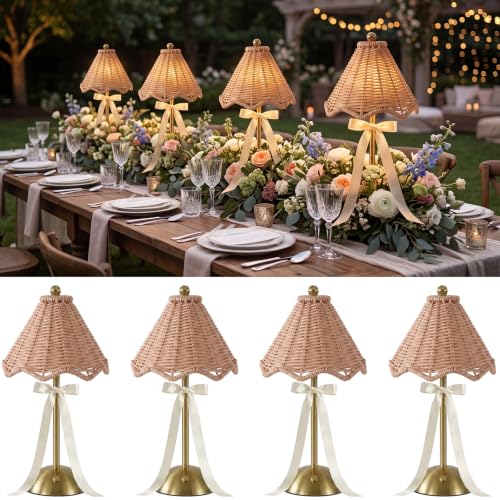 4 Pack Rattan Wicker Cordless Table Lamps LED Rechargeable Bows | Wicker Night Light for Wedding Centerpiece, 3 Color Control Portable, Rechargeable Outdoor Patio Party Decor - style: Rattan Bow