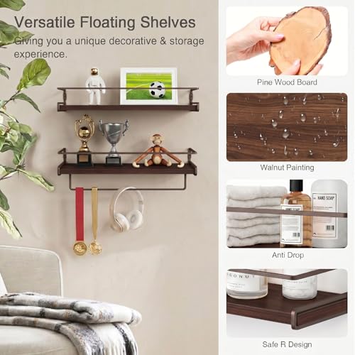 Forbena Dark Brown Kitchen Shelves Wall Mounted Set of 2, Walnut Brown Floating Kitchen Wall Shelves with Rail, Hanging Shelves for Kitchen Wall Coffee Bar (Wooden Pine Wood) - color: 8. Dark Brown