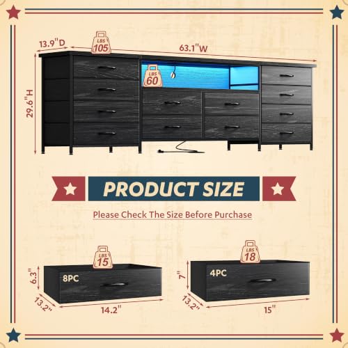 Romorgniz 63" W Dresser for Bedroom, Long Dresser with 12 Fabric Drawers | LED Dresser TV Stand with Power Outlets for 65,70 Inch TVs,Storage Entertainment Center with 2 Wood Shelve,Black Wood Grain - color: Black