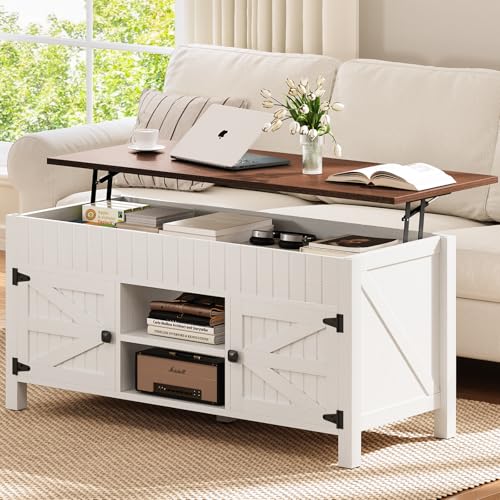 47.3“ Lift Top Coffee Table with Storage - White Coffee Tables for Living Room, Farmhouse Wood Center Table, Large Rectangle Middle Tables with Hidden Compartment & Adjustable Shelf - color: White and Walnut