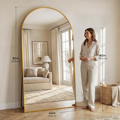 44"×82" Arched Full Length Floor Mirror, Standing Mirror with Aluminum Frame, Large Body Mirror of Free Standing/Wall Mount/Leaning for Bedroom, Living Room, Dressing Room, Gold - color: Gold, size: 82"L x 44"W