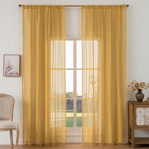 WAZZIO Boho Lace Curtains 72 Inches 2 Panel,Light Filtering Privacy Tassel & Geometry Crochet Semi Sheer Curtain Drapes for Bedroom Living Dining Room,Rod Pocket & Tassel,Mustard Yellow - color: Yellow, size: 59"W x 72"L (Pack of 2)