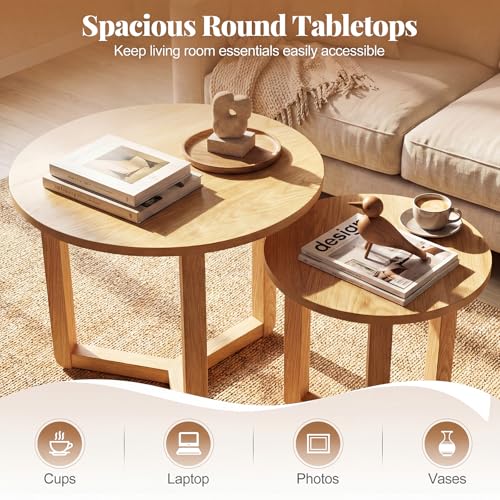 GIANTEX Round Nesting Coffee Table Set of 2, Wood End Tables, Natural | Thickened Top & Solid Rubber Wood Legs, Farmhouse Sofa Side Table for Small Spaces Living Room Bedroom - color: Natural
