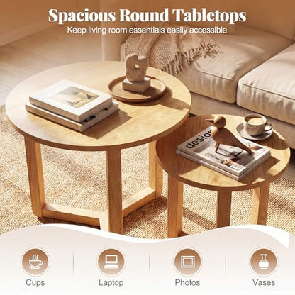 GIANTEX Round Nesting Coffee Table Set of 2, Wood End Tables, Natural | Thickened Top & Solid Rubber Wood Legs, Farmhouse Sofa Side Table for Small Spaces Living Room Bedroom - color: Natural
