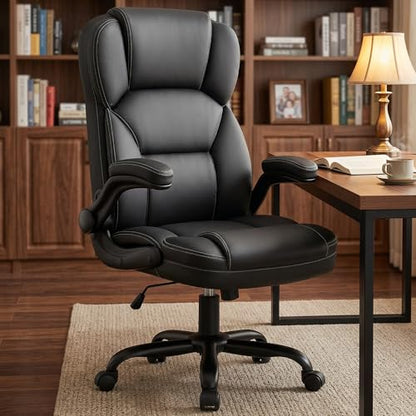 Leather Office Chair with Flip Up Arms, 360° Swivel Ergonomic Desk Chair with Wheels, Adjustable Height Computer Chair with Padded Seat for Home Office, Study,Gaming Room, Black - color: Black
