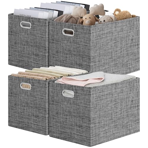 Posprica 15.12"x12.13"x12.01" Storage Cube Bins, Linen Decorative Closet Storage Organizer for IKEA Kallax, 4 Pack Fabric Foldable Large Storage Baskets for Closet, Shelves, Clothes(Black) - color: Black, size: 15.12 Lx12.13 Wx12.01 H