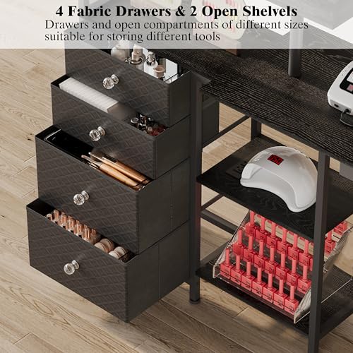 L-Shaped Manicure Table with Power Outlets,Nail Desk for Nail tech | Rotating Nail Workstation on Wheels with Charging Station,Nail Table with drawers & shelves for Home,Makeup Beauty Salon - color: Black
