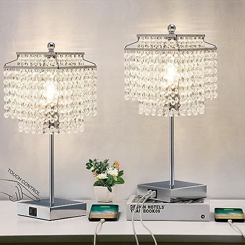 Luvkczc Crystal Table Lamp with Touch Control Set of 2, USB Bedside Table Lamp with USB C+A Ports, Dimmable Lamp with Crystal Shade for Bedroom, Living Room, 6W LED Bulb Included - color: Silver, 2 Pack