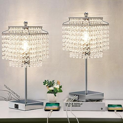 Luvkczc Crystal Table Lamp with Touch Control Set of 2, USB Bedside Table Lamp with USB C+A Ports, Dimmable Lamp with Crystal Shade for Bedroom, Living Room, 6W LED Bulb Included - color: Silver, 2 Pack