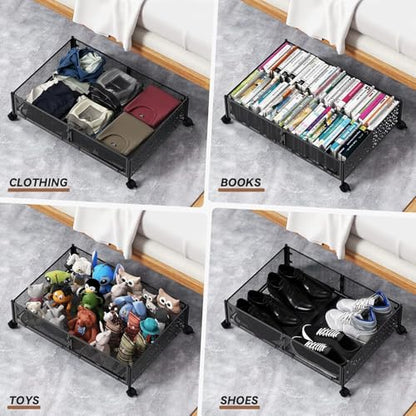 Under Bed Stroage Container with wheels,Patterned,Metal,2 Pack,Black | Tool-free assembly, glide smoothly, easy reach, foldable, maxmazie low-profile beds, dorm, keep seasonal clothes, shoes fresh - color: Black, size: 2 Pack(15.7×23.6")
