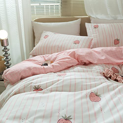 Pink Strawberry Duvet Cover Set Twin Kids Girls Kawaii Bedding Set 100% Cotton Fruit Strawberry Comforter Cover for Teens Children Boys Lovely Cartoon Kids Kawaii Bedroom Collection with 2 Pillowcases - color: A8# Strawberry, size: Twin(68"x86")