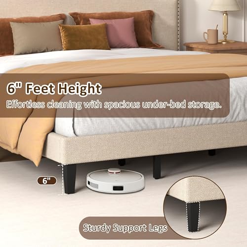 King Size Bed Frame with Upholstered Headboard, Wood Platform Bed with Soft Linen Adjustable Headboard | Elegant Studded Design | Wooden Slats | No Box Spring Needed, King Bed Frame Beige - color: Beige, size: King (U.S. Standard)