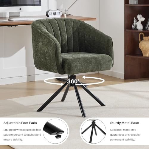 Swivel Desk Chair No Wheels Modern Upholstered Vanity Chairs Stationary | Comfy Dining Chairs with Mid Back Computer Task Chair Swivel Accent Arm-Chair for Home Office/Vanity/Bedroom, Green - color: Green