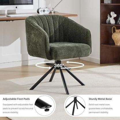 Swivel Desk Chair No Wheels Modern Upholstered Vanity Chairs Stationary | Comfy Dining Chairs with Mid Back Computer Task Chair Swivel Accent Arm-Chair for Home Office/Vanity/Bedroom, Green - color: Green