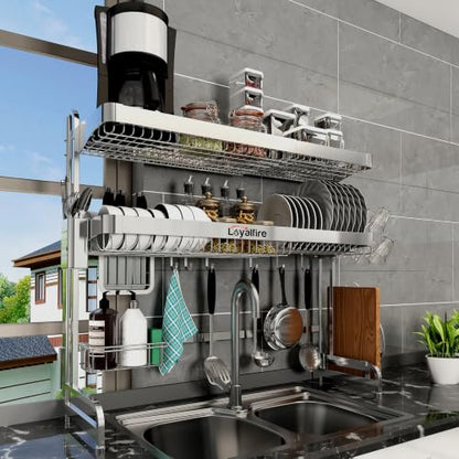 Loyalfire Over Sink Dish Drying Rack, 3 Tier Adjustable Length (20.87'' to 37.6'') Full Stainless Steel Large Storage Kitchen Dish Rack, Expandable Drainer Shelf Rack with Multifunctional Organizers - color: Silver