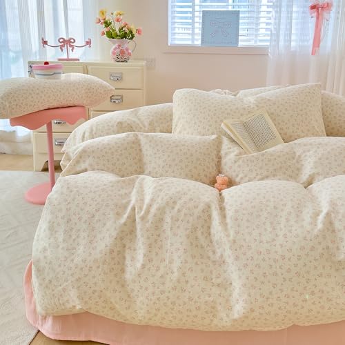 Pink Floral Duvet Cover Set Full Cotton Boho Full Comforter Cover Double Gauze Pattern Farmhouse Zipper Duvet Cover Set with 2 Pillow Cases Cute Teen Girl Bedding Set Vintage Duvet Protector - color: C Floral11, size: Full(Duvet Cover and 2 Pillows Sham)