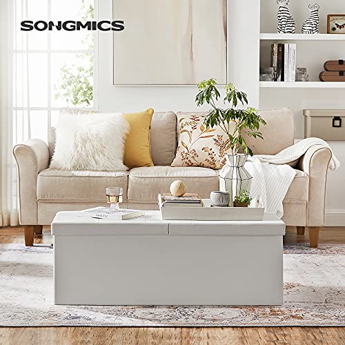 SONGMICS MAZIE Collection - 43 Inches Storage Ottoman Bench with Flipping Lid, Storage Chest with Iron Frame Support, Load 660 lb, for Living Room, Bedroom, Synthetic Leather, White ULSF75WT - color: White, size: 15"D x 43"W x 15"H, style: Classic