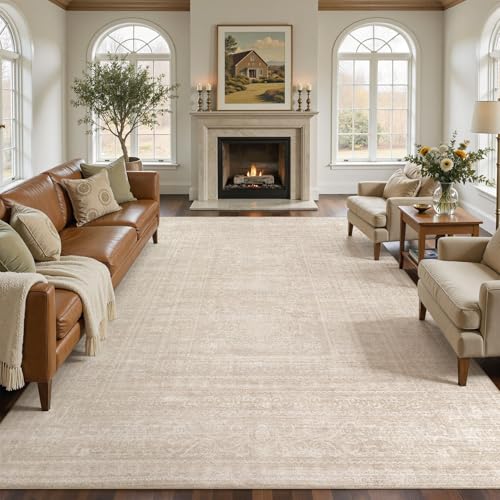 Nakagishi Neutral 12x15 Area Rugs for Living Room Washable, Beige | Pet & Kid Friendly, Non-Slip, Soft, Low-pile Carpet for Living Room/Bedroom/Dining Room/Nursery, Stain Resistant Vintage - color: Beige, size: 12' x 15' (Rectangular)