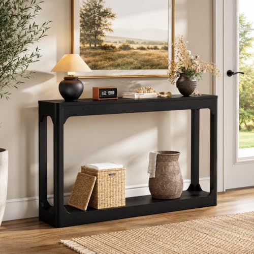 55.1" Console Table, Entryway Sofa Table for Hallway, Black | Engineered wood, Slim console table, curved legs, 2-tier storage, entryway hallway sofa living room - color: Black