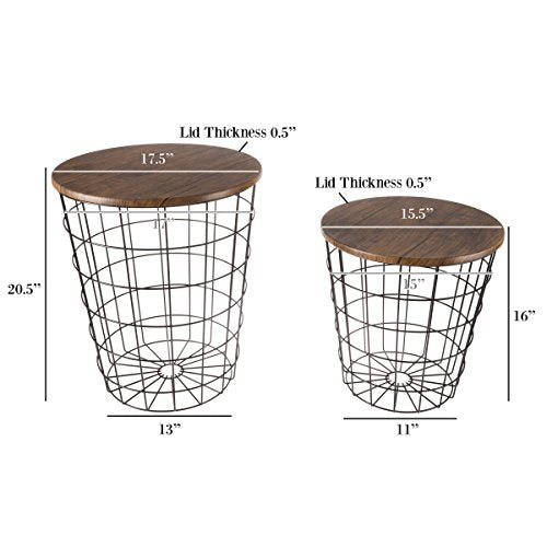 Lavish Home End Tables - Round Nesting Tables Set of 2, Brown/Black | 17.5”/15.5” Side Tables with Removable Wood Tops & Metal Basket Bases for Blanket Storage, Living Room, Bedroom & Home Office - color: Brown Round