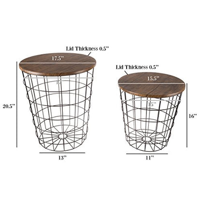 Lavish Home End Tables - Round Nesting Tables Set of 2, Brown/Black | 17.5”/15.5” Side Tables with Removable Wood Tops & Metal Basket Bases for Blanket Storage, Living Room, Bedroom & Home Office - color: Brown Round