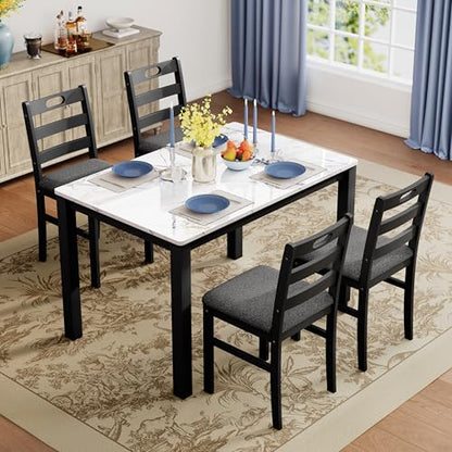 PHI VILLA Dining Table Set for 4, Marble Design Kitchen Table and Chairs | Marble Tabletop, Solid Rubber Wood, Padded Cushion Chairs, Space Saving, Easy Assembly, White Marble& Black - color: Venatino White Marble&black