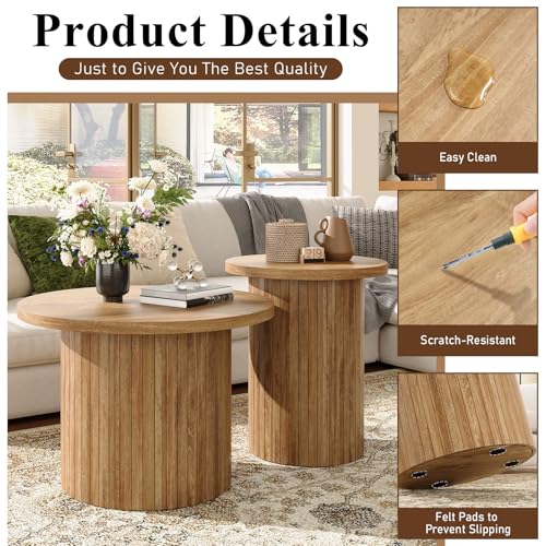 Nesting Coffee Table Set of 2, Mid Century Modern Round Coffee Tables, Wood Slat Side Table Set for Living Room, Office, Balcony (Natural Oak) - color: Natural Oak