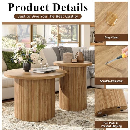 Nesting Coffee Table Set of 2, Mid Century Modern Round Coffee Tables, Wood Slat Side Table Set for Living Room, Office, Balcony (Natural Oak) - color: Natural Oak