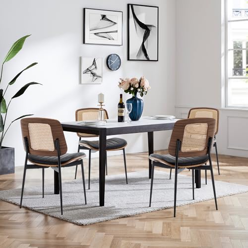 LUNLING Dining Chairs Set of 4 Mid Century Modern Retro Faux Leather Kitchen Chair with Walnut Bentwood Upholstered Seat Metal Legs Adjustable Foot for Kitchen Dining Room Chairs(Black-Rattan Back) - color: Black2, size: Set of 4