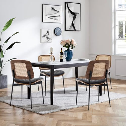 LUNLING Dining Chairs Set of 4 Mid Century Modern Retro Faux Leather Kitchen Chair with Walnut Bentwood Upholstered Seat Metal Legs Adjustable Foot for Kitchen Dining Room Chairs(Black-Rattan Back) - color: Black2, size: Set of 4