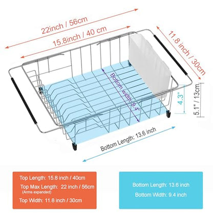Expandable Multifunctional Dish Drying Rack, Over The Sink, in Sink Or On Counter Dish Drainer Rack Organizer Shelf with White Utensil Silverware Holder, Rustproof Stainless Steel - color: White