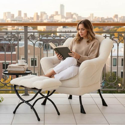 Lazy Chair with Ottoman, Comfy Reading Accent Chair, Plush Beige | Foldable Footrest, Padded Seat and Backrest, Side Pocket for Lounging in Living Rooms, Bedrooms, Dorms and Small Spaces - color: Plush-beige