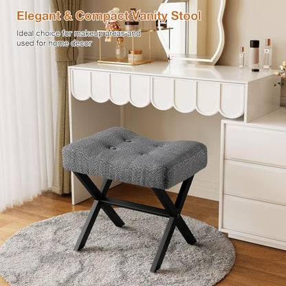 18-Inch Large Vanity Stool Chair, Gray Makeup Stool | Teddy Flannel Vanity Bench, Metal X-Leg, 350 LBS, 20"x16.9"x18", Ottoman Accent Stool, Breathable Soft Padded Saddle Seat - size: Large, style: Gray Fabric