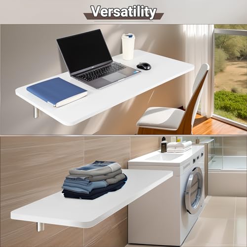 Neoaider Wall Mounted Folding Table 39.4”L x 19.7”W, White | Laundry Folding Table with Heavy Duty Metal Collapsible Shelf Brackets, Wall Mounted Desk Fold Down for Small Spaces - color: White, size: 39.4" x 19.7"
